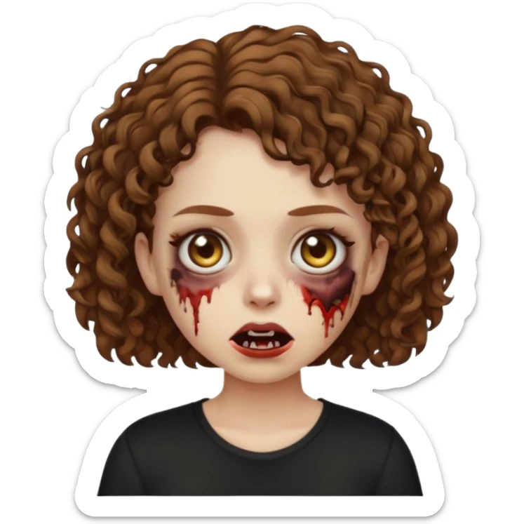 Zombie girl emoji com cabelo curto cacheado castanho com uma blusa preta sticker