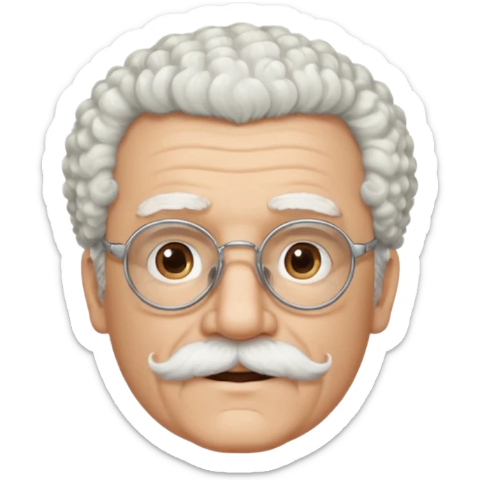 An elderly man emoji with light skin, fluffy curly white hair, thick white eyebrows, brown eyes behind black-framed glasses, a small nose, and neatly groomed white facial hair — a mustache and a short goatee. sticker