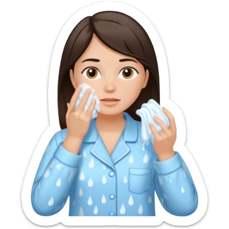 Mujer en pijama lavando su cara, tiene el pelo cafe oscuro y tez blanca sticker
