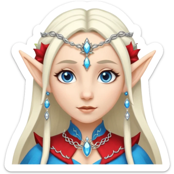 elf princess with pointy ears, white skin, silverblond hair with jewellery, blue eyes sticker
