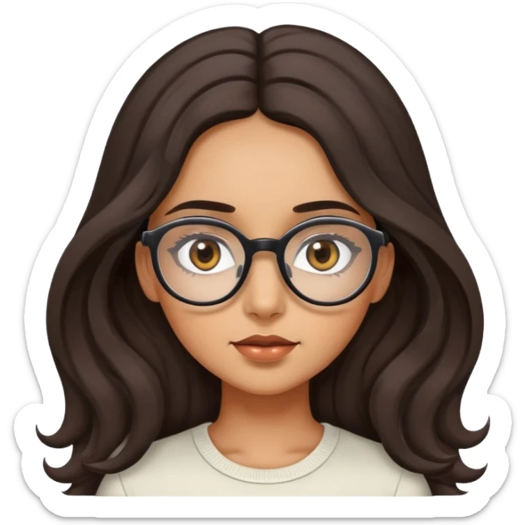 Girl shrugging with olive skin, brown eyes with long eyelashes and dark wavy long hair and large eyeglasses on top of head sticker