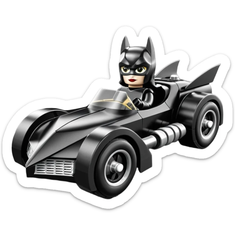  Detailed aerodynamic opulent dark knight futuristic concept Catwoman Batgirlmobile loosely based on 1977 Buick coupe  roadster racing Lego (flat long straight faceted mechanical body) winged stealthy street hot rod  sticker