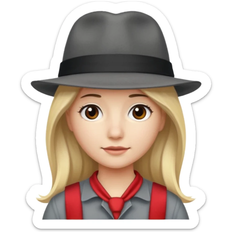 A person with long blond hair, wearing a gray fedora with a black band and a red headband underneath. sticker