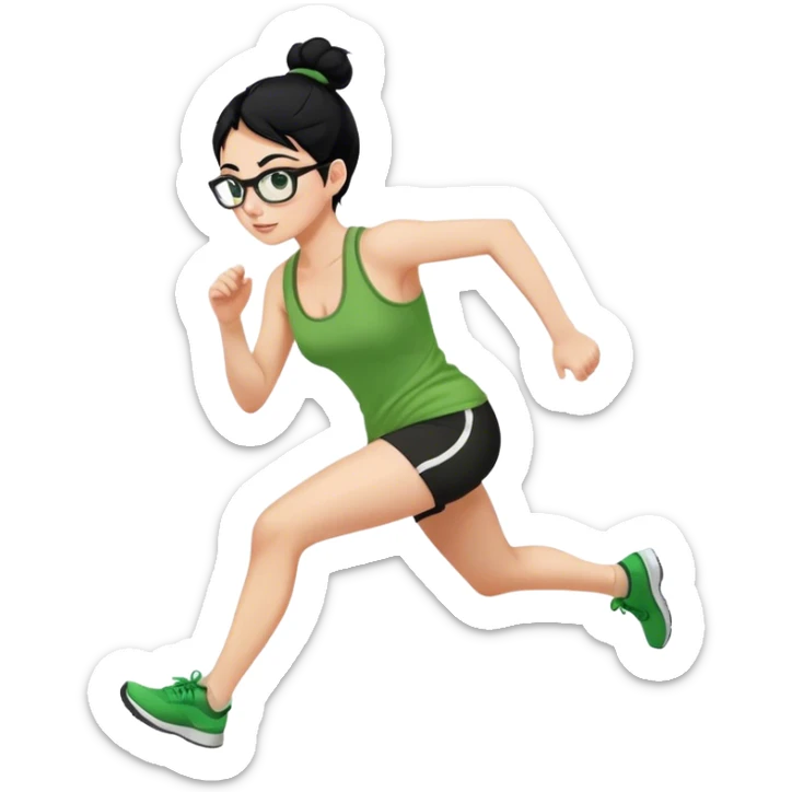 pretty girl white glasses side view black hair in a bun green tank top running sticker