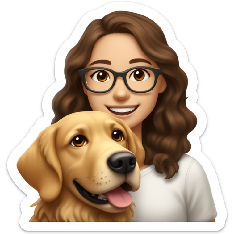 Smiling girl with long dark wavy brown hair and red glasses next to a small shaggy golden Labrador dog with brown eyes sticker