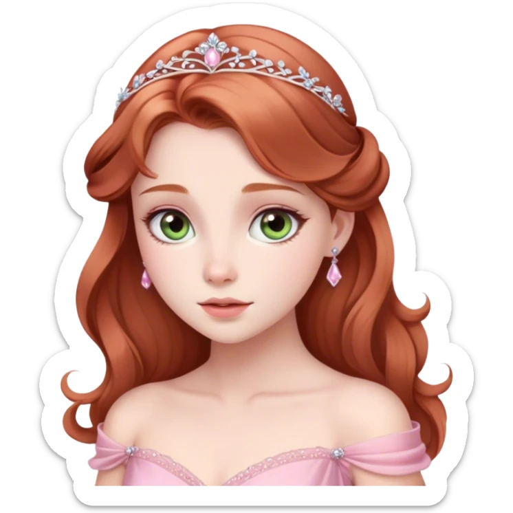 Cinematic Elegant Sleeping Beauty Portrait Emoji, rendered in a realistic, vector-style with minimal shading and bold, simplified shapes. Depict Aurora (Sleeping Beauty) (chest and above) with delicate porcelain skin, soft auburn hair styled gracefully, and gentle, dreamy eyes, dressed in her classic pink gown. The image glows with a soft, enchanting radiance and high shine, capturing timeless regal beauty. sticker