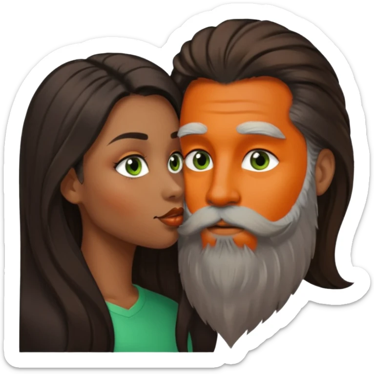 Brown eyed black women with and long balayage brown/black hair.  She is kissing bald white man. The White man is pale, green eyes has orange facial hair and long beard  sticker