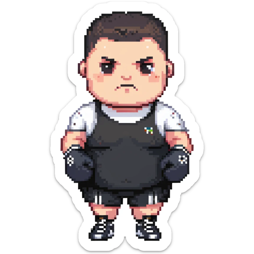 white man with dark hair, dark eyes, buzzcut faded haircut, overweight 100kg boxer, chubby face, stocky build, wearing full black clothes, black adidas boxing gloves, highly pixelated, chunky pixel style, low resolution sticker