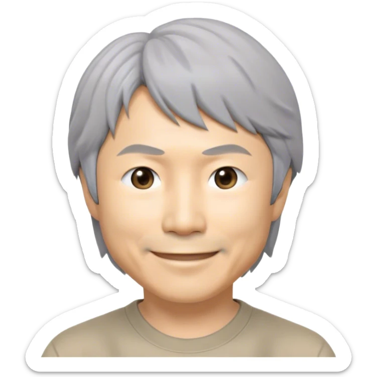 ​Cinematic Realistic Portrait of a Smiling Shigeru Miyamoto, depicted with warm, approachable features, gentle grey-tinted hair, and kind, expressive eyes, set against a subtle backdrop hinting at iconic video game imagery, rendered with lifelike textures and soft, inviting lighting that captures his innovative spirit, sticker