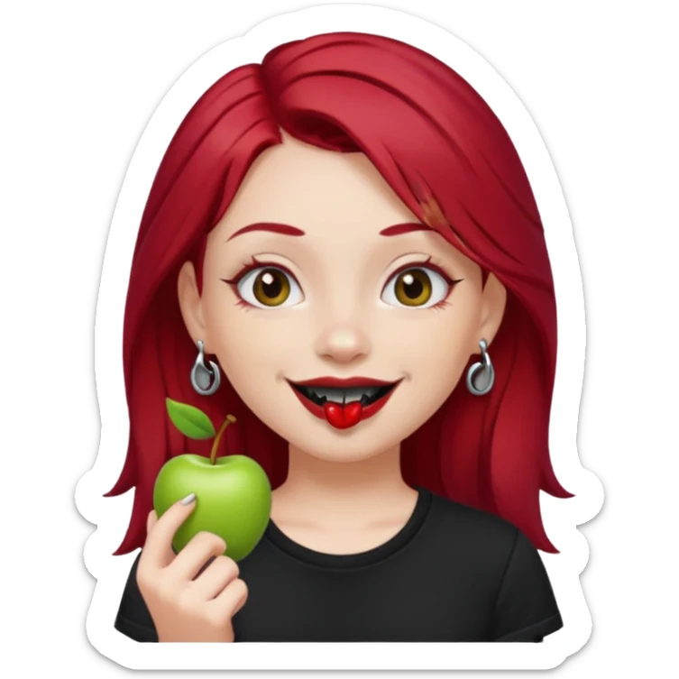apple style emoji of a fair-skinned girl with cherry red hair, black t-shirt, black lipstick, septum and ear piercings sticker