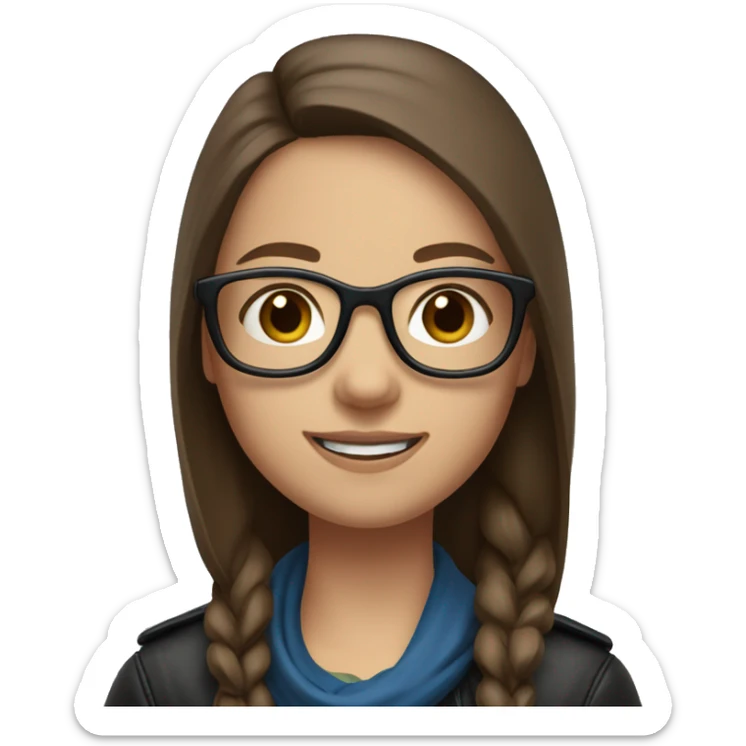 Slavic girl with long straight brown hair, fair skin, dark brown eyes, smile, black glasses, wearing a blue scarf around her neck and a leather jacket. sticker