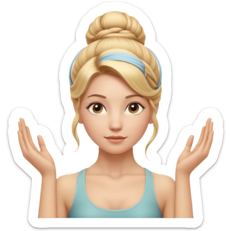 Cinematic Realistic yoga Portrait, depicted with lifelike skin texture, subtle rosy undertones, and soft natural lighting that enhances the gentle contours of her face. Her intricately detailed golden blonde hair is elegantly styled in an updo, sticker