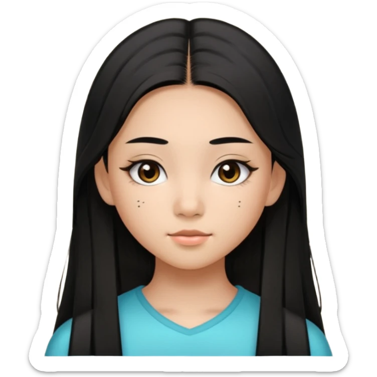 a tan chinese-american 15 year old girl with middle part long straight black hair down to her chest. mascara  sticker