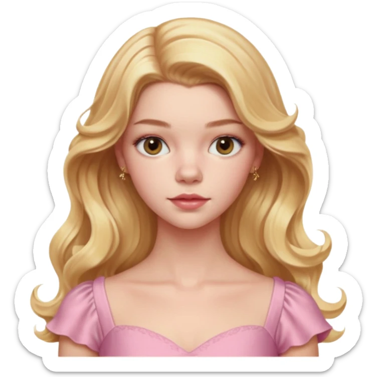 Cinematic Realistic Anya Taylor Joy Portrait, depicted with lifelike skin texture, subtle rosy undertones, and soft natural lighting that enhances the gentle contours of her face. Her intricately detailed golden blonde hair is elegantly wavy, and pink dress sticker