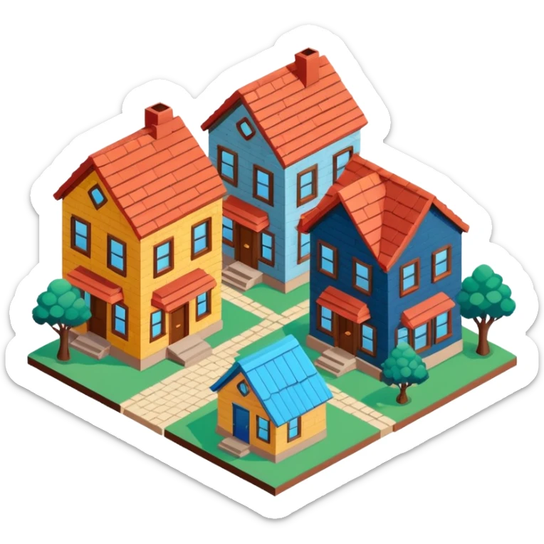 group of 3 houses representing neighborhood isometric houses on transparent background sticker
