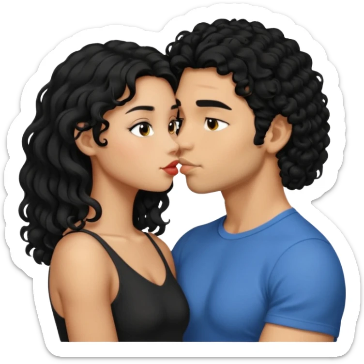 a strong man with short STRAIGHT black hair kissing a shorter girl with long black curly hair sticker