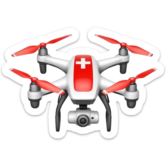 Rescue drone sticker, emergency quadcopter with medical cross symbol, red and white color, simple flat vector style, bold outline, transparent background sticker