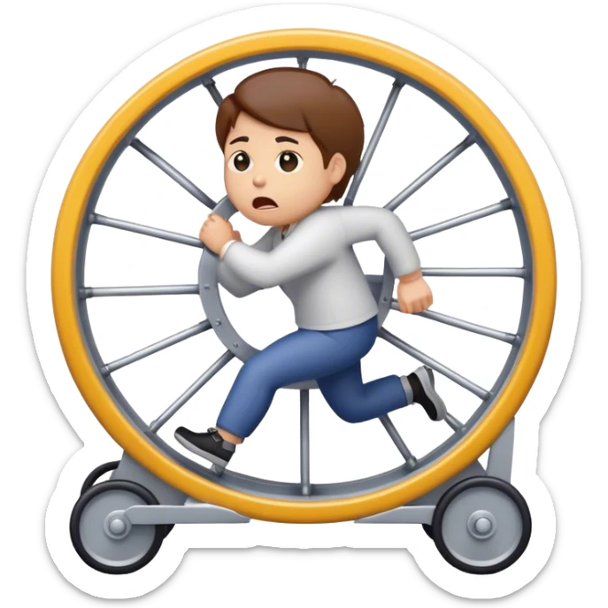 "Create an emoji of a stressed-out agency owner or coach, running on a hamster wheel, chasing after clients with desperation. The character looks frustrated and tired, symbolizing unpredictable income."


 sticker