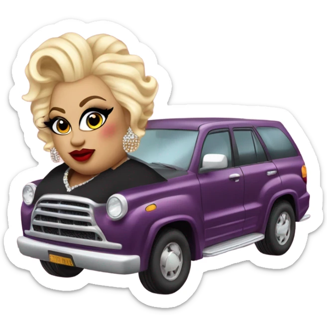 A fat drag queen with blonde hair and crazy make up wearing a non-matching outfit with really high heels sitting on top of the car sticker
