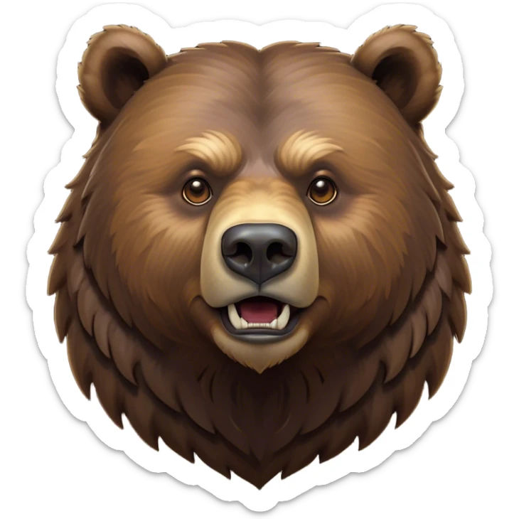 Cinematic Noble Grizzly Bear Portrait Emoji, Poised and regal, with a massive, powerful build and a thick, rugged deep brown fur, piercing deep-set soulful eyes, Simplified yet sharp and sophisticated features, highly detailed, glowing with a soft, dignified glow, high shine, intelligent and formidable, stylized with an air of untamed wilderness, focused and attentive, soft glowing outline, capturing the essence of a watchful and commanding guardian, so majestic it feels as though it could lumber out of the screen with effortless authority! sticker