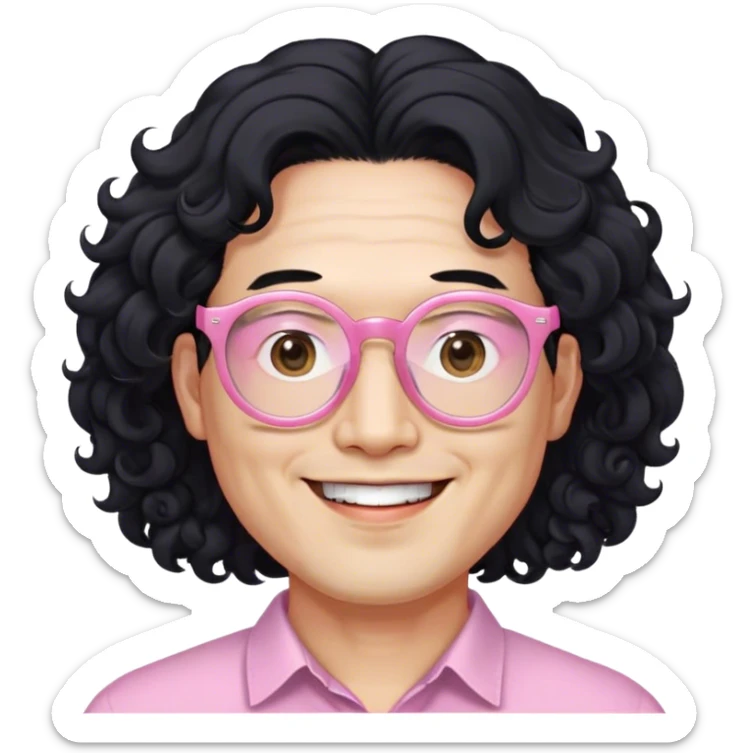 korean man in their40's with long curly hair to their jaw and shaved underneath on both side. light pink glasses and a smil sticker