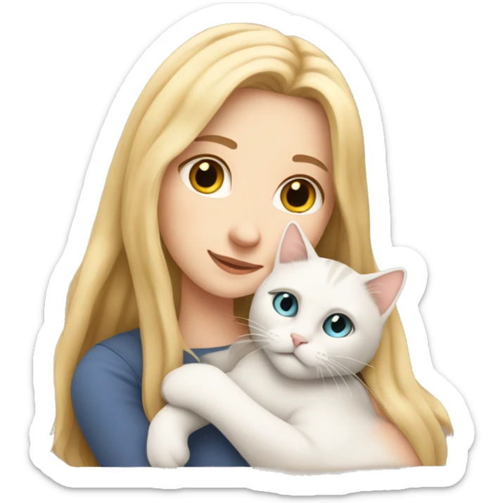 White girl with long blonde hair cuddling a european cat sticker