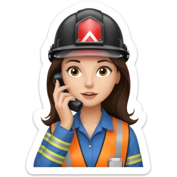 okay now do a brunette girl with long dark brown hair. rolling her eyes like she is annoyed as she is on a phone call (iphone) and is wearing a engineer helmet  sticker