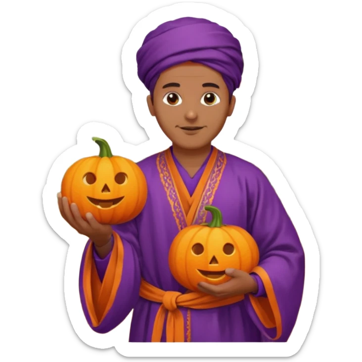 Tan Moroccan man sitting holding with pumpkin and purple grapes in countryside  sticker