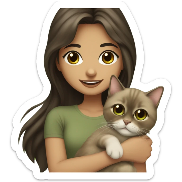 Pretty Persian girl with big brown eyes, light olive skin with medium length dark brown hair and full lips smiling holding her brown ragdoll/siamese cat with a darker brown face and big green eyes  sticker