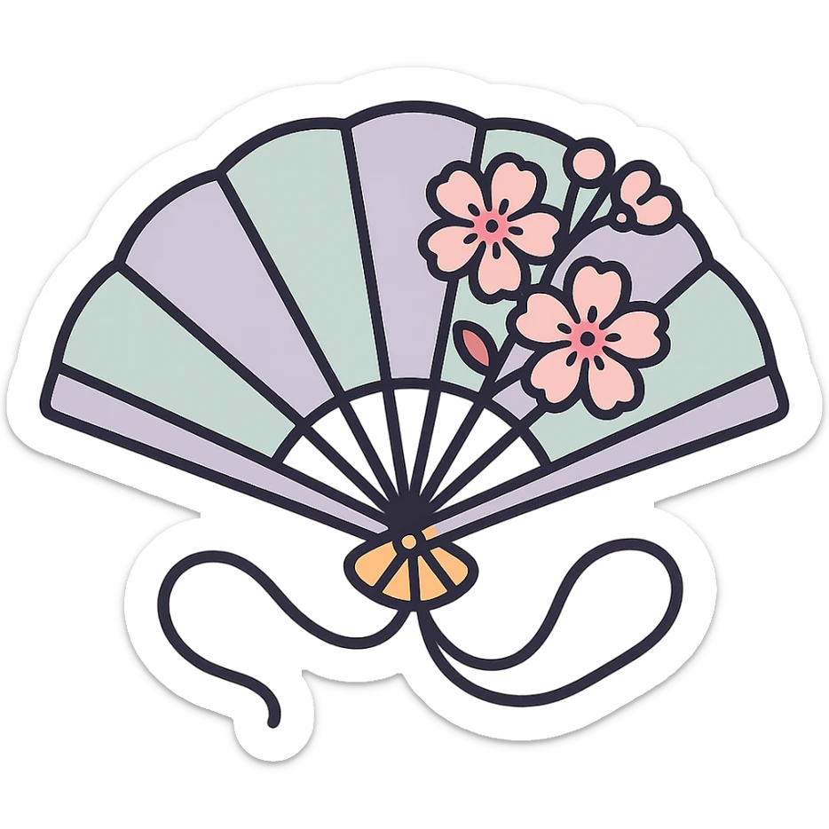 elegant Chinese fan with cherry blossom flowers and curved cords, high detail, complex shadows and highlights, thin clean outlines, soft rounded shapes, pastel palette #98B5BC, #B5B3C1, #C9A3C9, #E4C0CA, #F7DCD1, #F7C0AA, modern Japanese pop art and sticker aesthetic, soft lighting, transparent background sticker