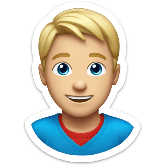 smiling boy in red shirt dirty blonde hair blue eyes sticker