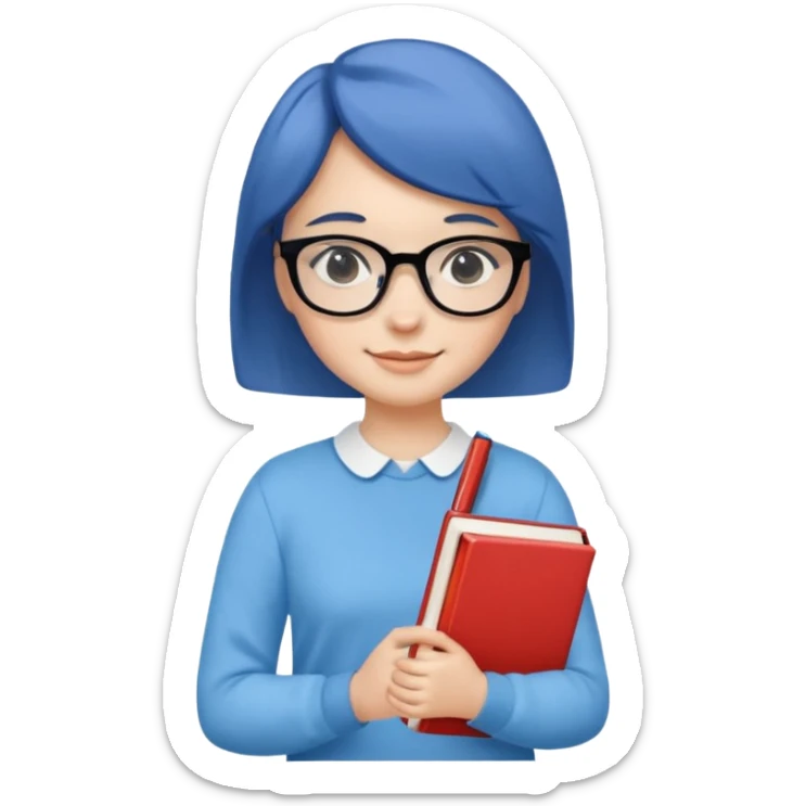 A smart and cute girl with short hair, wearing sky blue clothes,
I hold a book in one arm. There is a pen in the book.
He is wearing black-rimmed glasses and smiling brightly. sticker