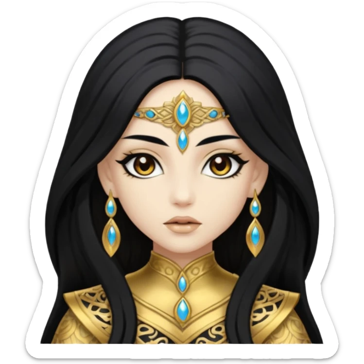 Akasha with white skin, brown eyes, black long hair, gold outfit sticker