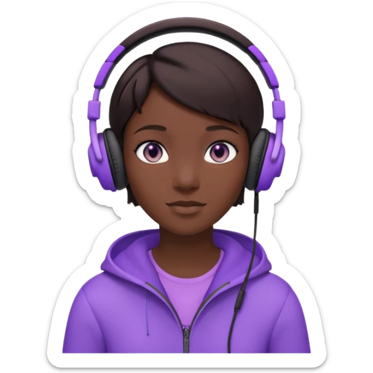 3D cartoon avatar, dark skin, short brown hair, black over-ear headphones, glowing light purple eyes, minimal face, centered portrait, soft lighting, plain white background, clean modern style, high quality render. sticker