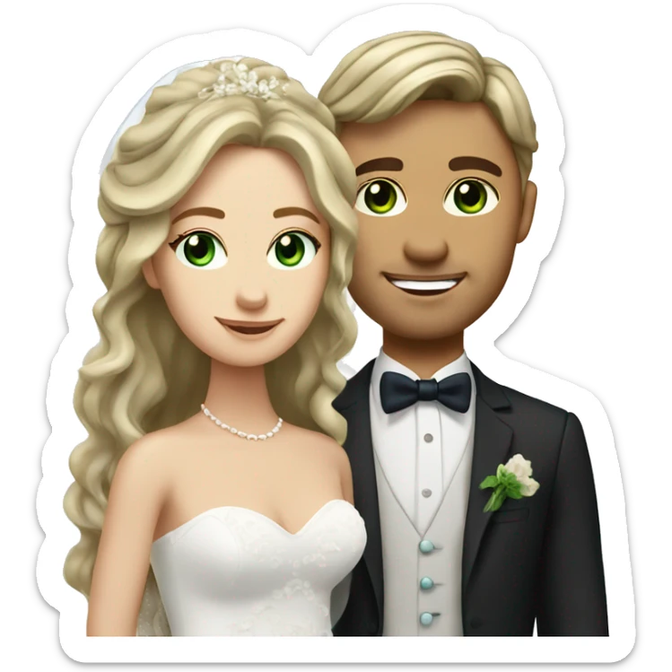 Bride with long wavy lose brown hair and green eyes and blonde groom with blue eyes  sticker