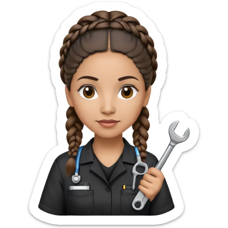 A 40-year-old Latina woman with light brown skin, working as a car mechanic, wearing all black mechanic scrubs, with two braids pulled back from her head sticker