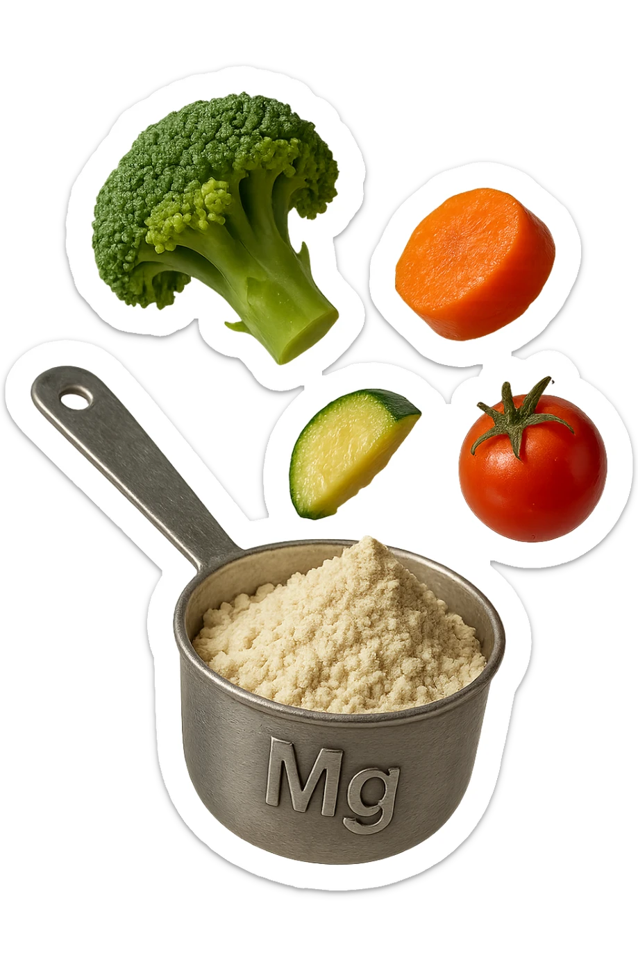 BOCCETTA DI MAGNESIO E VERDURE COTTE FLUTTUANO IN ARIA, IPERREALISTICA 4K sticker