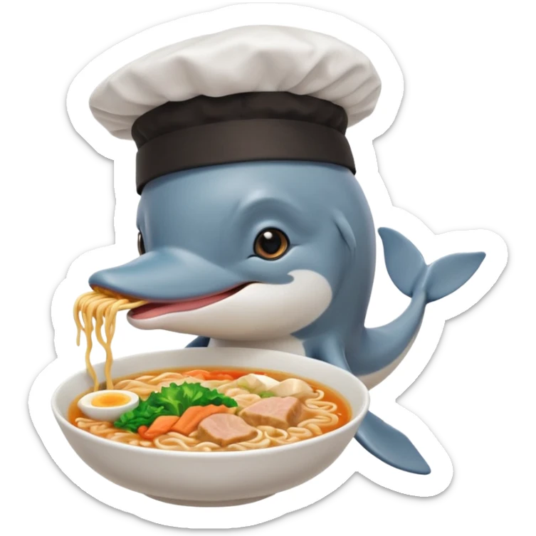 I want a dolphin on top of a cat eating ramen noodles in Japan shibuya sticker