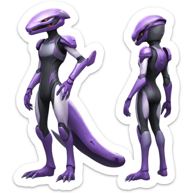 a Reptile-Raptor-Genesect-Mewtwo-Fakémon with a futuristic visor-helmet and wearing a techwear-suit Full Body sticker
