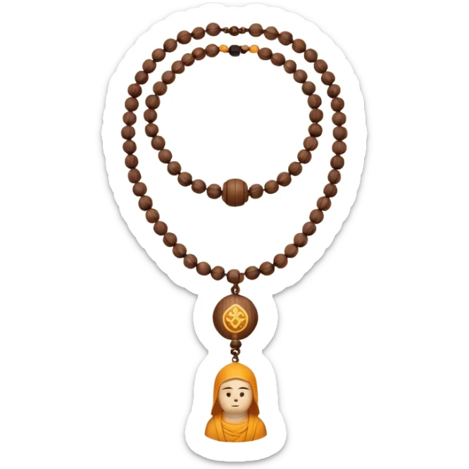 monk necklace object icon, wooden prayer beads with simple pendant, spiritual minimal design, natural wood texture, subtle sacred aura, 3D cartoon style, mobile game icon style, centered, clean background, no text, no watermark
 sticker