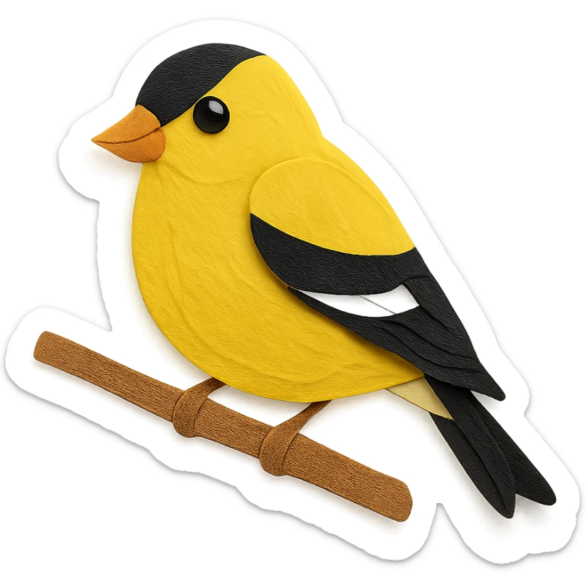 close-up of an American Goldfinch perched on a tree branch, fine paper edges, expressive eye, yellow and black plumage sticker