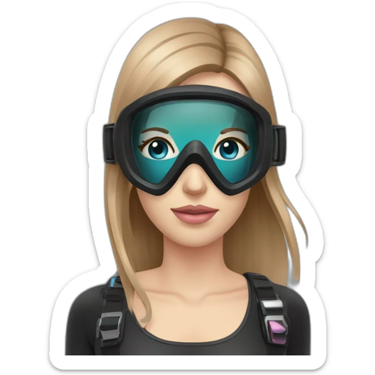 woman large light brown and straight hair, black and pink diving mask with a single crystal, light blue eyes, scubadiving gear sticker