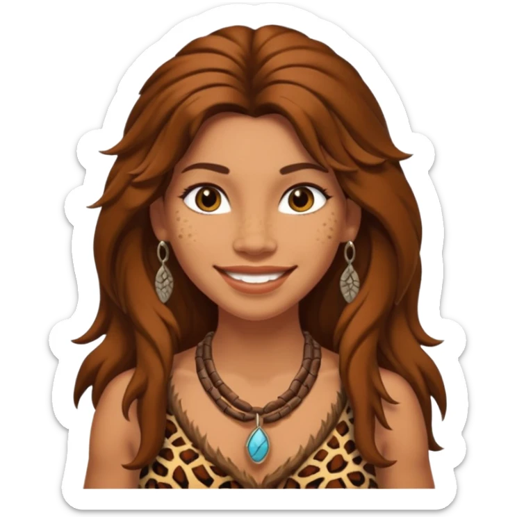 smiling cavewoman with long hair and animal skin clothing sticker