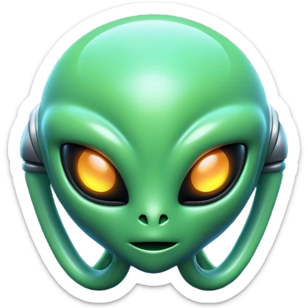 Clash of Clans aesthetic: Cinematic Playful 3D Isometric Alien Emoji, rendered in a 3D vector-style similar to standard emojis with minimal shading and bold, simplified shapes. A compact, distinct form with signature details, softly glowing with a futuristic sci-fi warfare charm. Simplified yet unmistakably iconic, highly detailed and consistent, glowing with a soft radiance and high shine. Stylized with a touch of high-tech brilliance and a soft glowing outline, capturing the essence of a beloved gaming relic with a friendly, playful manner! sticker