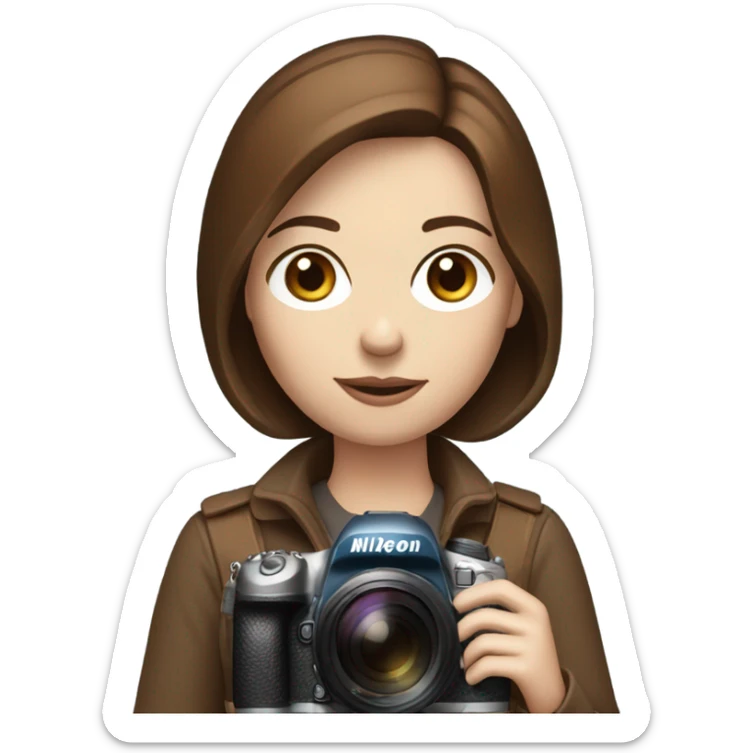 Portrait of stylish woman with blue eyes and brown bob hair holding a nikon camera￼ in hands sticker