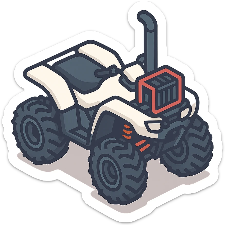 Honda 4 wheeler, white plastics, radiator relocate kit, tall snorkel, lifted, oversized tires, isometric view, clean lines sticker