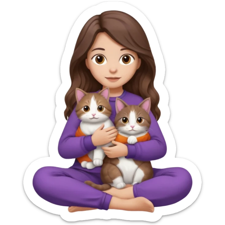 a girl with long wavy brown hair and soft brown eyes, in cozy purple clothes, sitting cross-legged, holding a tricolor cat (brown, white, and grey) in her lap, iOS emoji style, soft lighting sticker