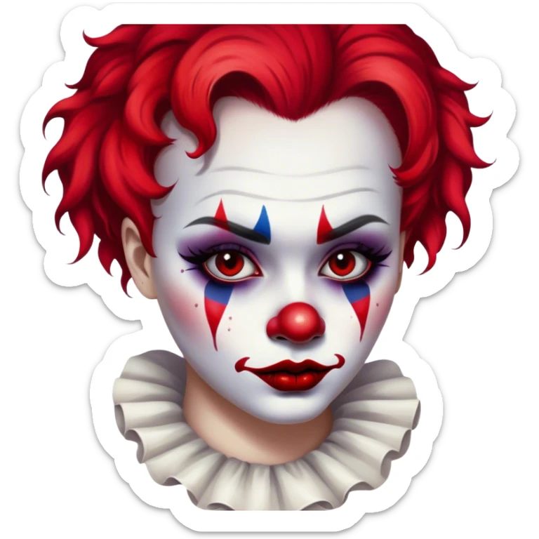 clown-inspired makeup. The makeup consists of a white-painted face with black smudged eye makeup that extends outward, creating a haunting, exaggerated look. Their lips are painted deep red, smeared outward in an unsettling, almost sinister manner, resembling the Joker-inspired style of makeup. sticker