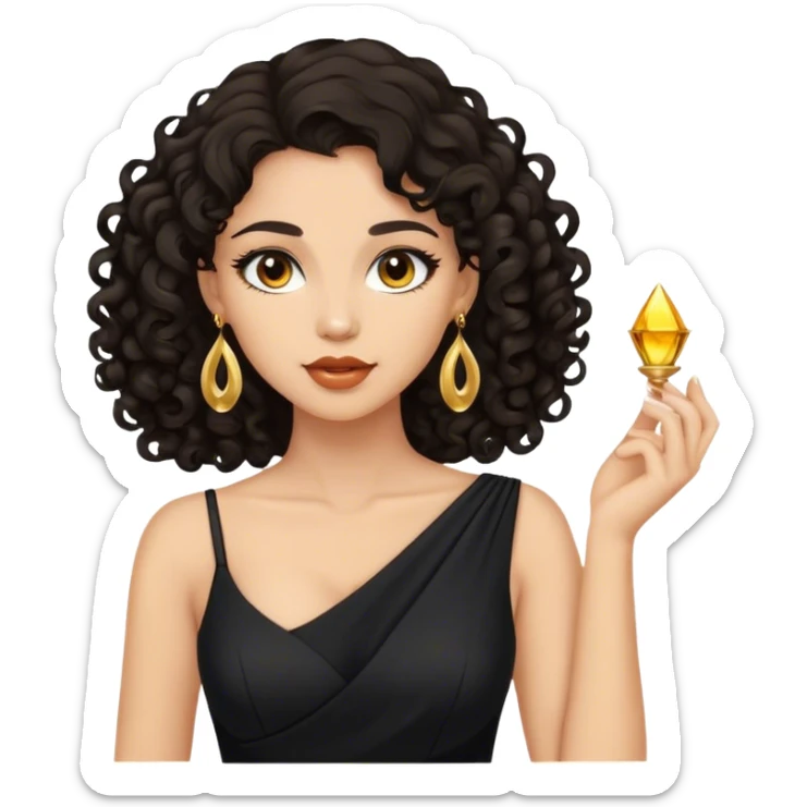 Beautiful woman,cute, light skin, half long curly dark hair in dark dress with gold earrings sticker