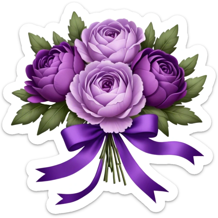 A vintage bouquet of lavender-hued peonies, deep violet roses, and soft lilac pansies, tied together with a silk ribbon in shades of plum and amethyst, rests beneath the glow of a crescent moon. Scattered around are tiny embroidered hearts on a delicate lace handkerchief, while the scent of dried lavender lingers in the cool evening air. sticker